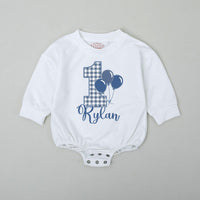 Personalized Baby Boy Birthday Romper with Blue Gingham and Balloons First Birthday Outfit Smash Cake Bodysuit Gift for Baby Shower