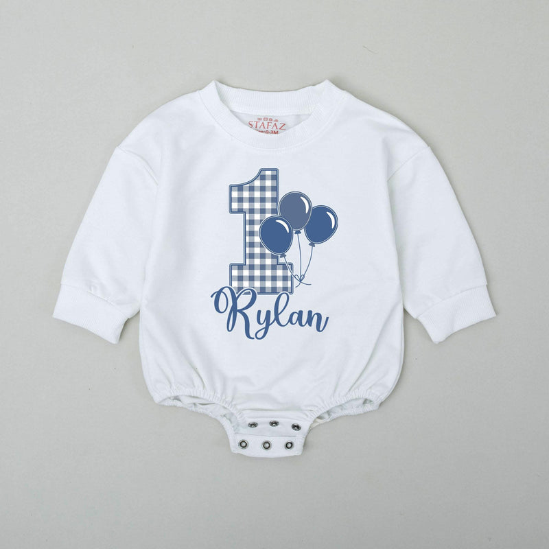 Personalized Baby Boy Birthday Romper with Blue Gingham and Balloons First Birthday Outfit Smash Cake Bodysuit Gift for Baby Shower