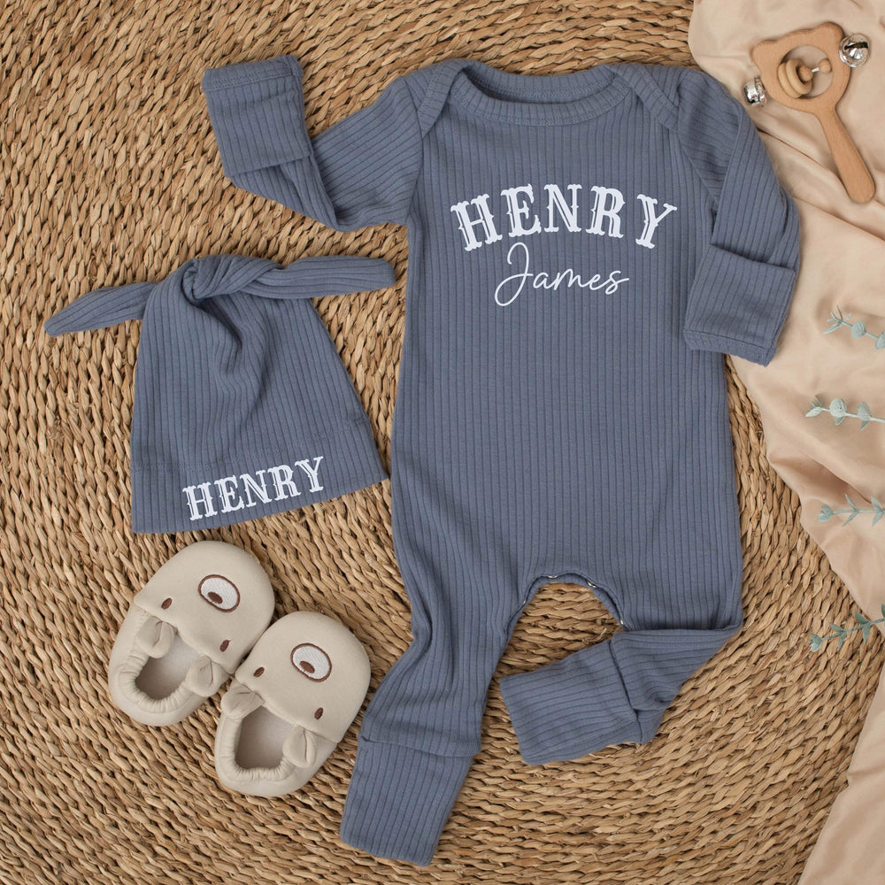 Personalized Baby Boy Bodysuit and Hat Set Henry James Design Newborn Coming Home Outfit Custom Name Hospital Announcement Gift