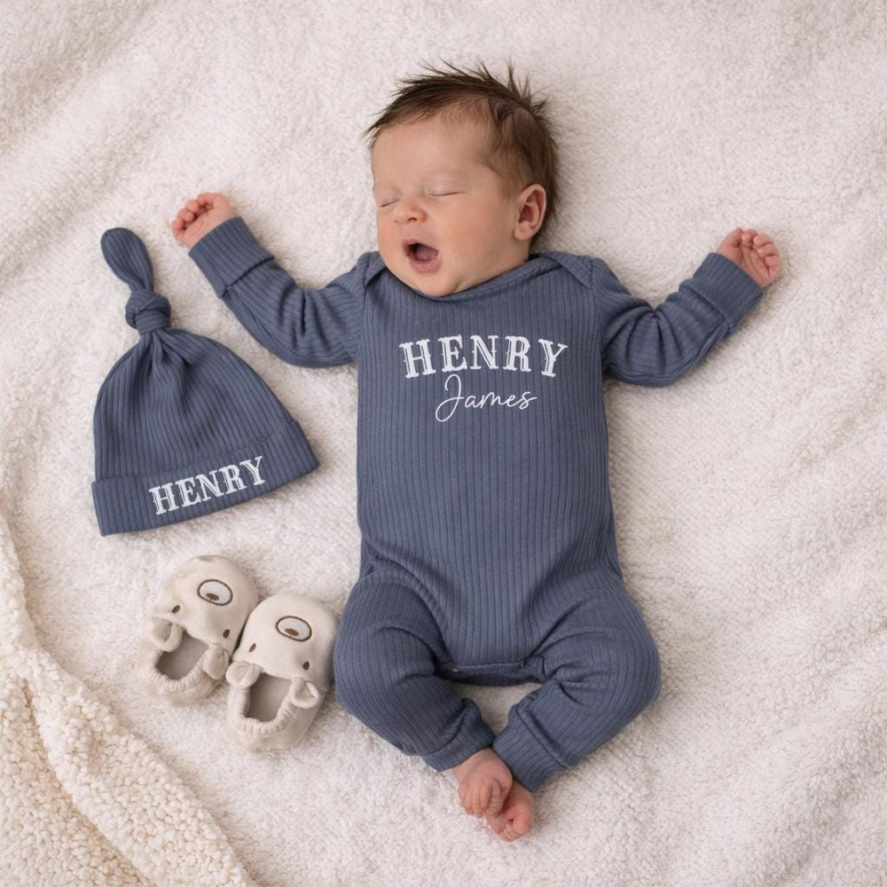 Personalized Baby Boy Bodysuit and Hat Set Henry James Design Newborn Coming Home Outfit Custom Name Hospital Announcement Gift
