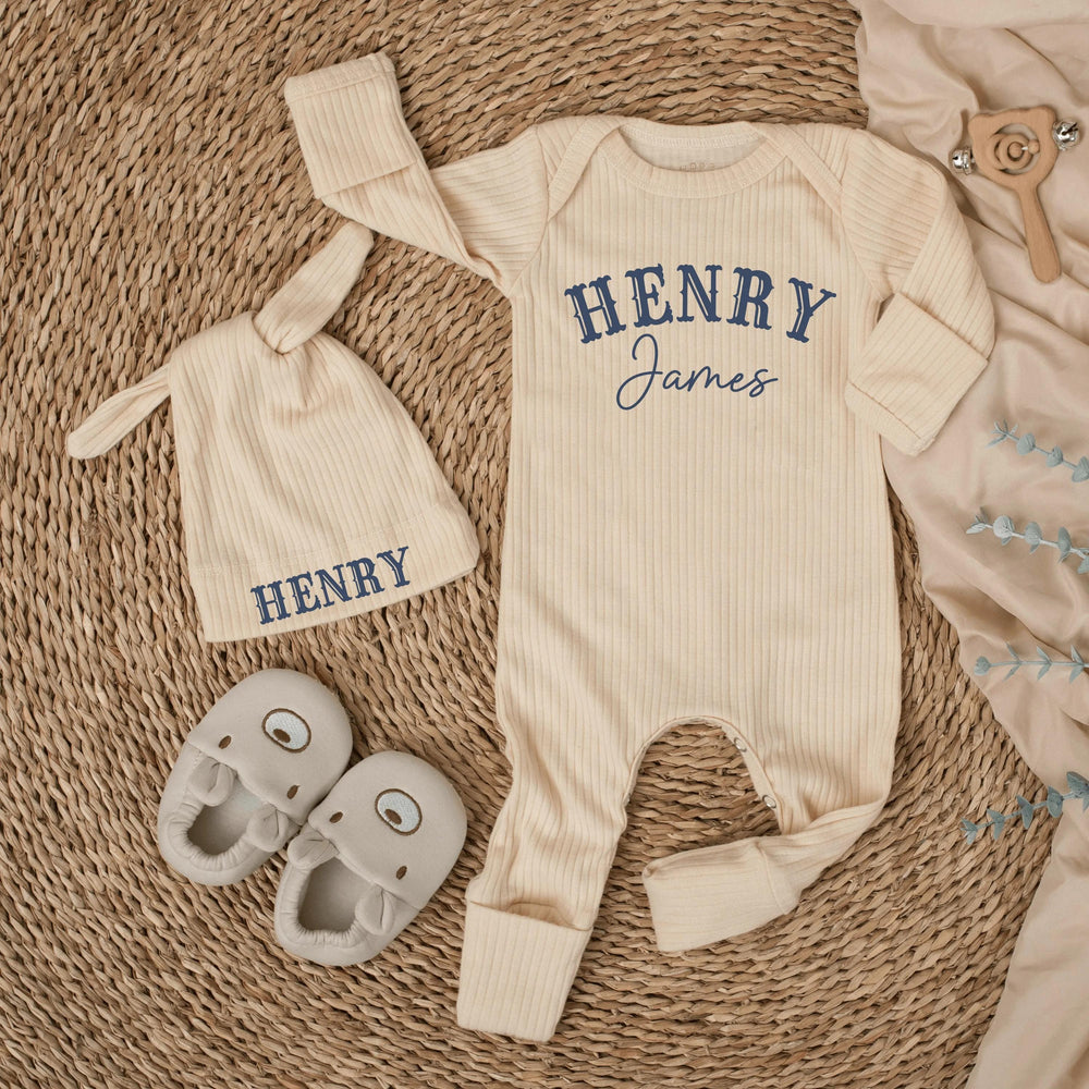Personalized Baby Boy Bodysuit and Hat Set Henry James Design Newborn Coming Home Outfit Custom Name Hospital Announcement Gift
