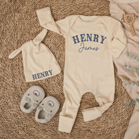 Personalized Baby Boy Bodysuit and Hat Set Henry James Design Newborn Coming Home Outfit Custom Name Hospital Announcement Gift