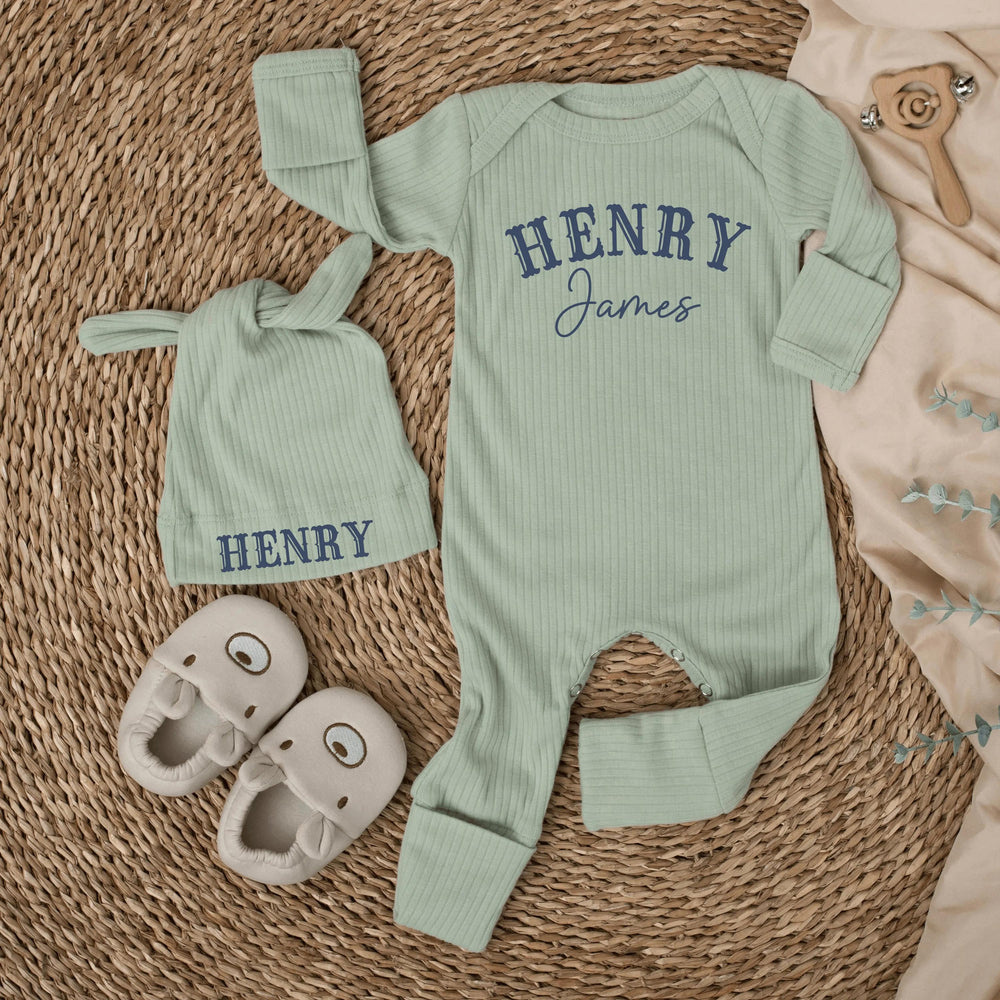 Personalized Baby Boy Bodysuit and Hat Set Henry James Design Newborn Coming Home Outfit Custom Name Hospital Announcement Gift