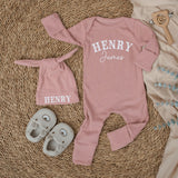 Personalized Baby Boy Bodysuit and Hat Set Henry James Design Newborn Coming Home Outfit Custom Name Hospital Announcement Gift
