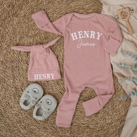 Personalized Baby Boy Bodysuit and Hat Set Henry James Design Newborn Coming Home Outfit Custom Name Hospital Announcement Gift