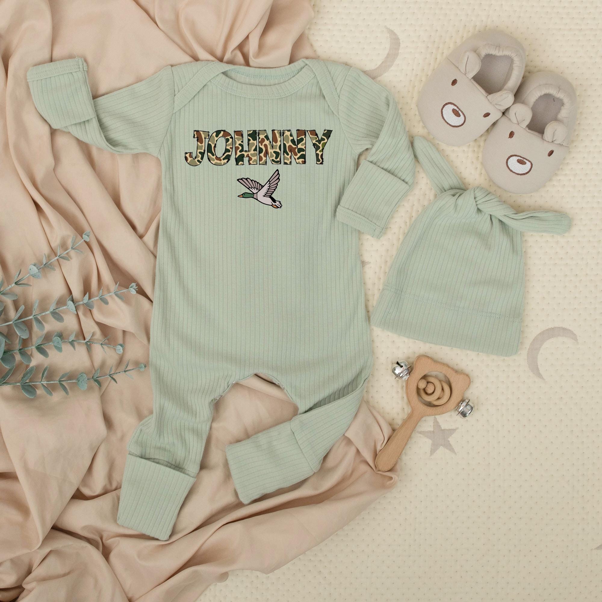 Personalized Baby Boy Bodysuit and Hat Set Mallard Duck Design with Woodland Camouflage Custom Name Baby Shower Gift Hunting Outfit