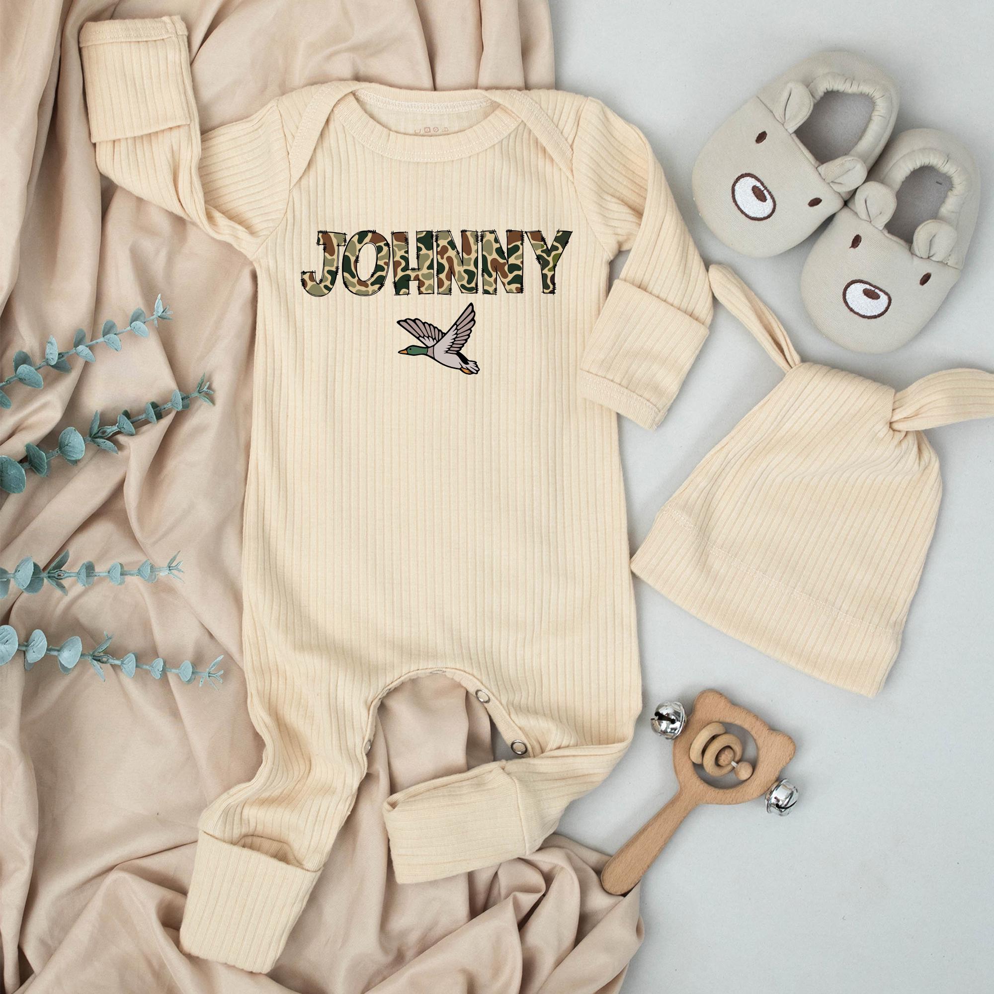 Personalized Baby Boy Bodysuit and Hat Set Mallard Duck Design with Woodland Camouflage Custom Name Baby Shower Gift Hunting Outfit