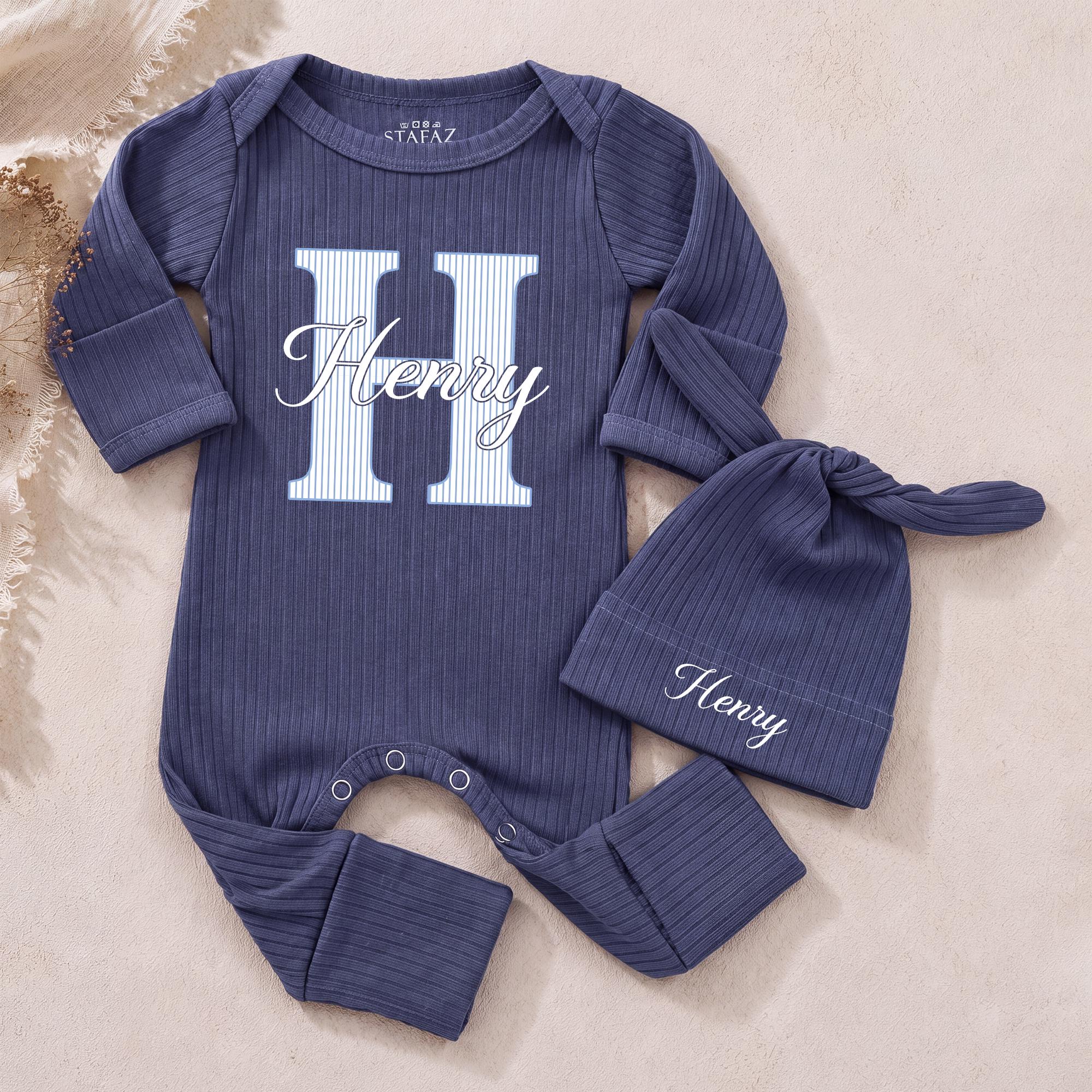 Personalized Baby Boy Bodysuit & Hat Set with Monogram 'H' and Name, Soft Cotton Newborn Coming Home Outfit, Perfect Baby Shower Gift