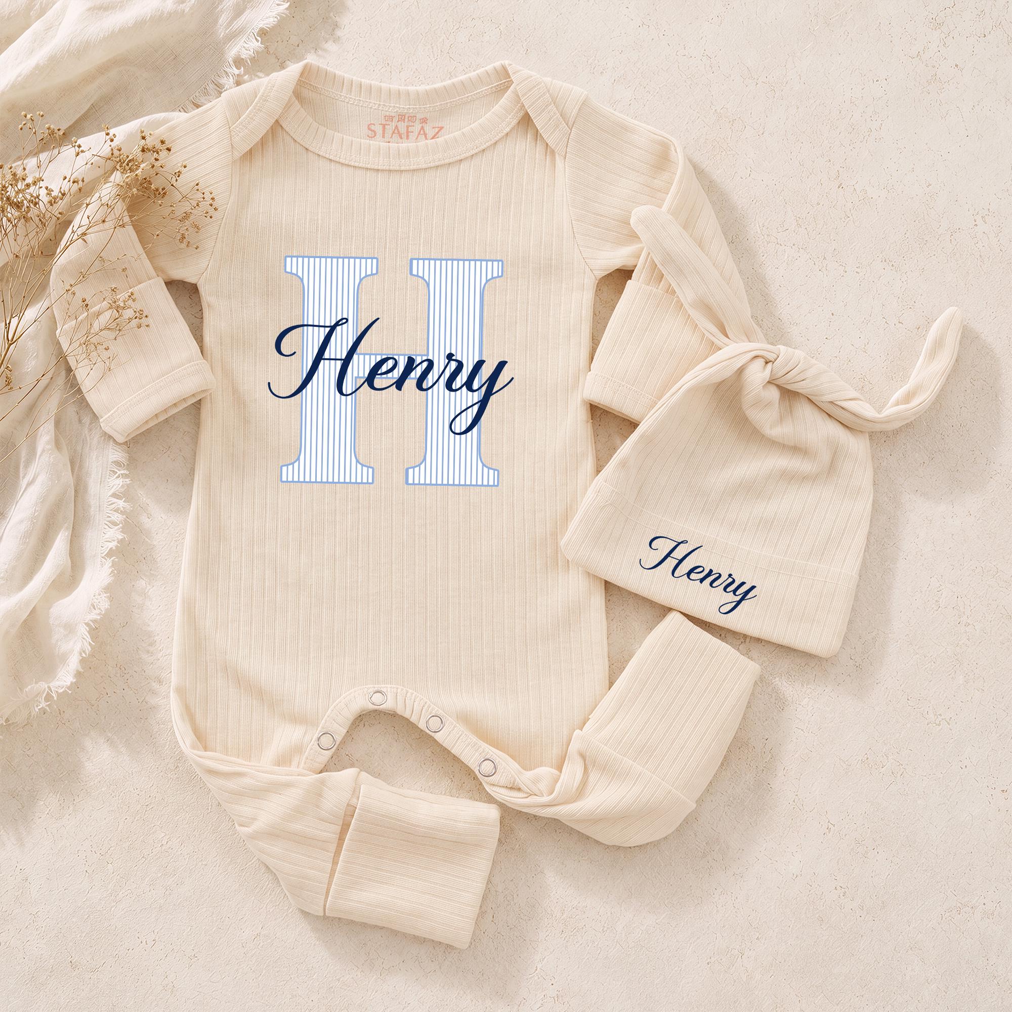 Personalized Baby Boy Bodysuit & Hat Set with Monogram 'H' and Name, Soft Cotton Newborn Coming Home Outfit, Perfect Baby Shower Gift