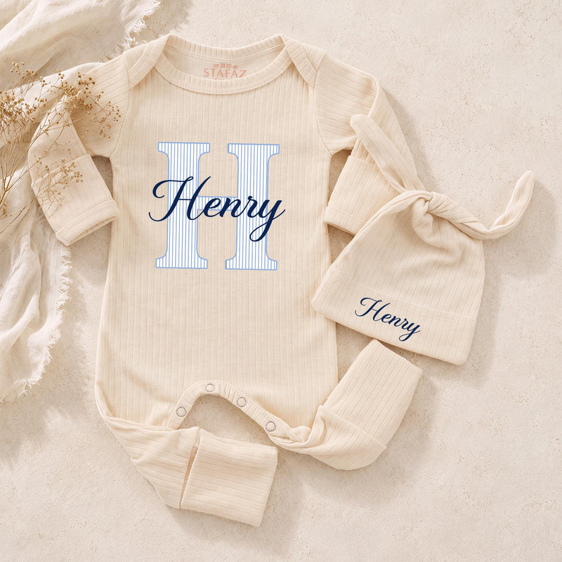 Personalized Baby Boy Bodysuit & Hat Set with Monogram 'H' and Name, Soft Cotton Newborn Coming Home Outfit, Perfect Baby Shower Gift