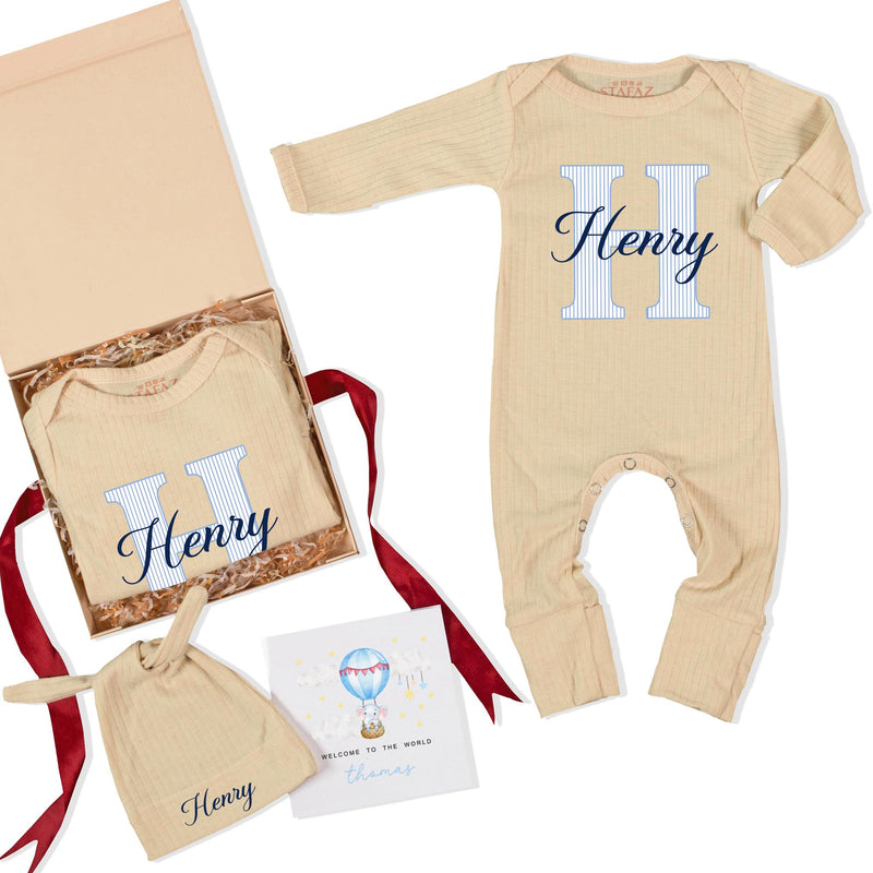 Personalized Baby Boy Bodysuit & Hat Set with Monogram 'H' and Name, Soft Cotton Newborn Coming Home Outfit, Perfect Baby Shower Gift