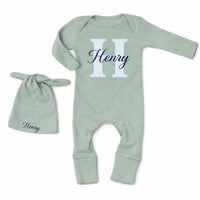 Personalized Baby Boy Bodysuit & Hat Set with Monogram 'H' and Name, Soft Cotton Newborn Coming Home Outfit, Perfect Baby Shower Gift