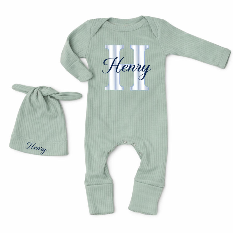 Personalized Baby Boy Bodysuit & Hat Set with Monogram 'H' and Name, Soft Cotton Newborn Coming Home Outfit, Perfect Baby Shower Gift