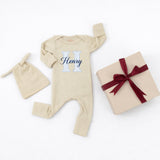 Personalized Baby Boy Bodysuit & Hat Set with Monogram 'H' and Name, Soft Cotton Newborn Coming Home Outfit, Perfect Baby Shower Gift