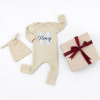 Personalized Baby Boy Bodysuit & Hat Set with Monogram 'H' and Name, Soft Cotton Newborn Coming Home Outfit, Perfect Baby Shower Gift