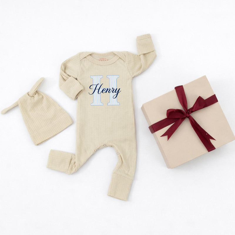 Personalized Baby Boy Bodysuit & Hat Set with Monogram 'H' and Name, Soft Cotton Newborn Coming Home Outfit, Perfect Baby Shower Gift