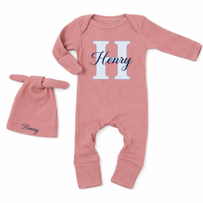 Personalized Baby Boy Bodysuit & Hat Set with Monogram 'H' and Name, Soft Cotton Newborn Coming Home Outfit, Perfect Baby Shower Gift