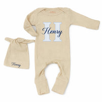 Personalized Baby Boy Bodysuit & Hat Set with Monogram 'H' and Name, Soft Cotton Newborn Coming Home Outfit, Perfect Baby Shower Gift