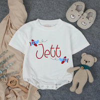Personalized Baby Boy Bubble Romper with Airplane Design Soft Blue Gingham Outfit Infant Birthday Gift Custom Name Cotton Comfortable