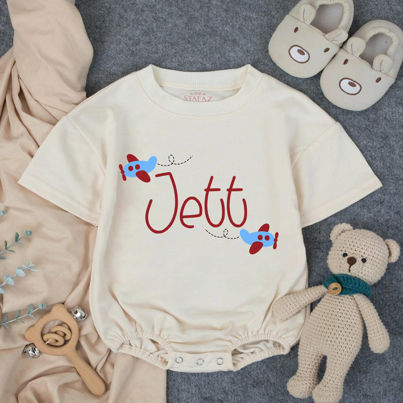 Personalized Baby Boy Bubble Romper with Airplane Design Soft Blue Gingham Outfit Infant Birthday Gift Custom Name Cotton Comfortable