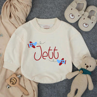 Personalized Baby Boy Bubble Romper with Airplane Design Soft Blue Gingham Outfit Infant Birthday Gift Custom Name Cotton Comfortable