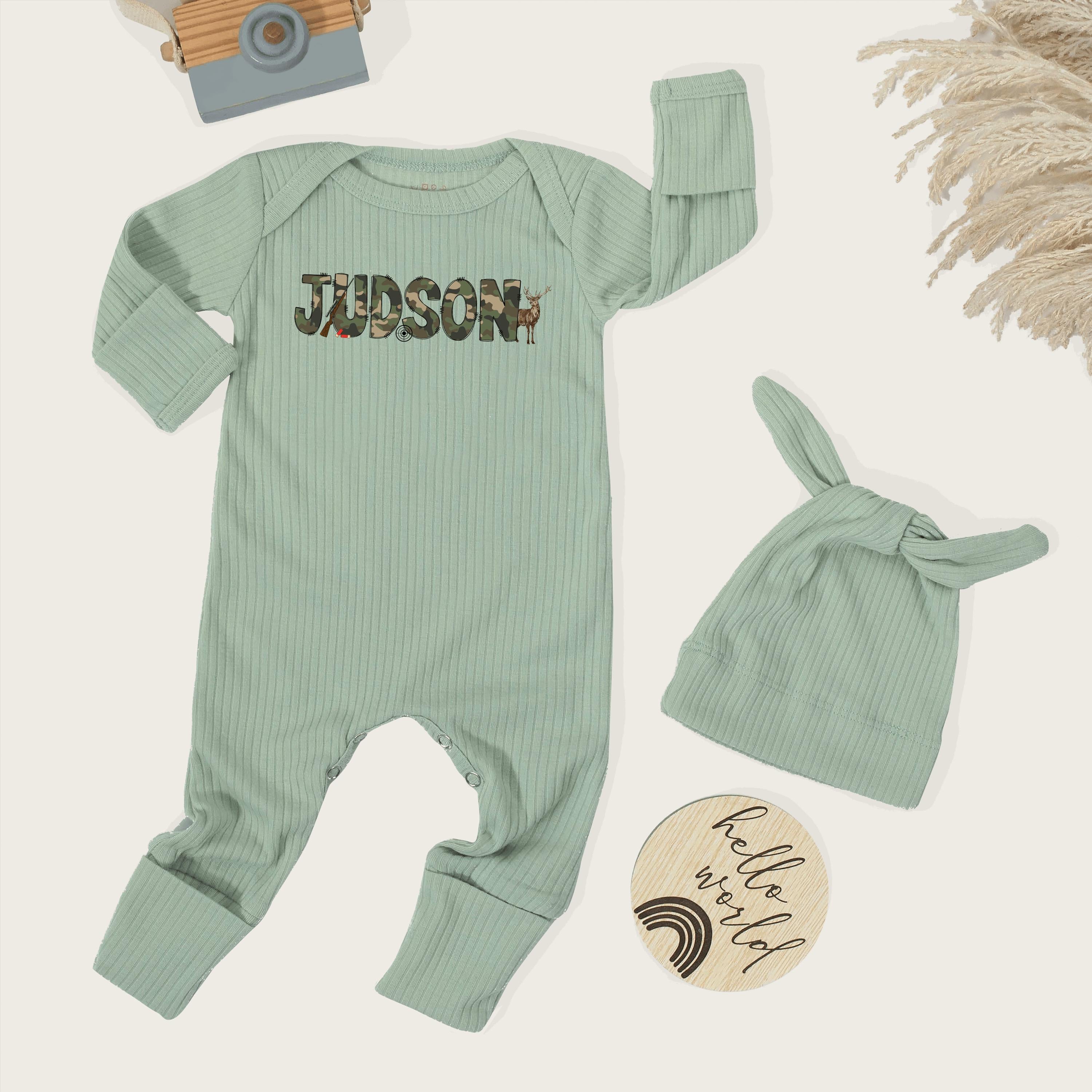 Personalized Baby Boy Camo Bodysuit with Deer Graphic Custom Name Newborn Outfit for Hunting Lovers Baby Shower Gift or Coming Home Clothes