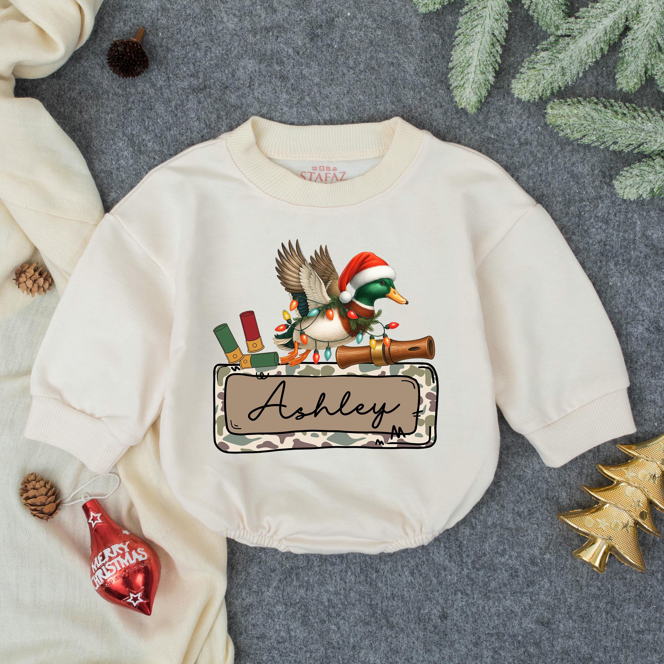 Personalized Baby Boy Christmas Romper Festive Mallard Duck Outfit Holiday Gift Custom Name Ashley Soft Cotton