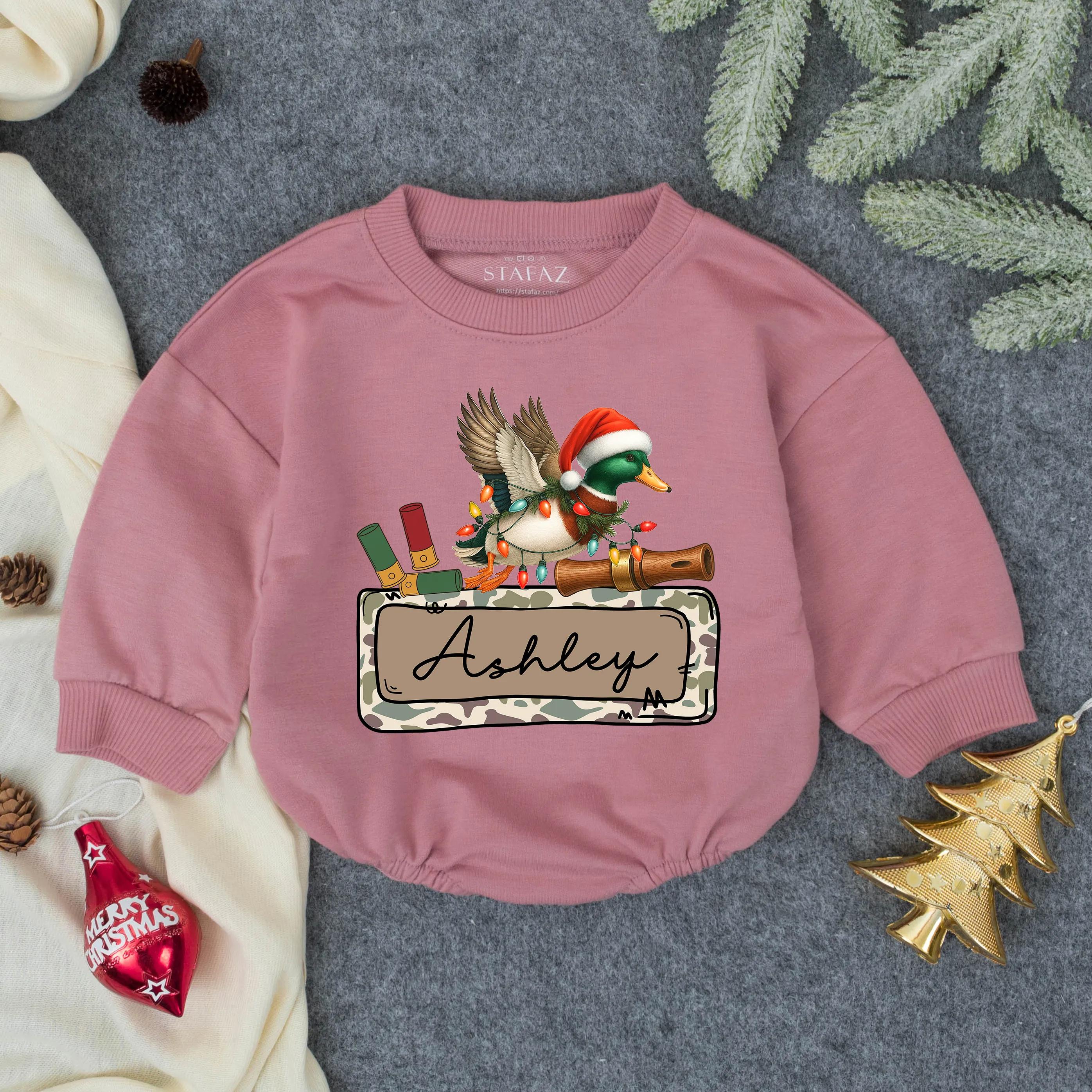 Personalized Baby Boy Christmas Romper Festive Mallard Duck Outfit Holiday Gift Custom Name Ashley Soft Cotton