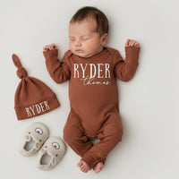 Personalized Baby Name Coming Home Outfit - Custom Newborn Bodysuit and Hat Set in Soft Ribbed Cotton - Perfect Baby Boy Hospital Gift