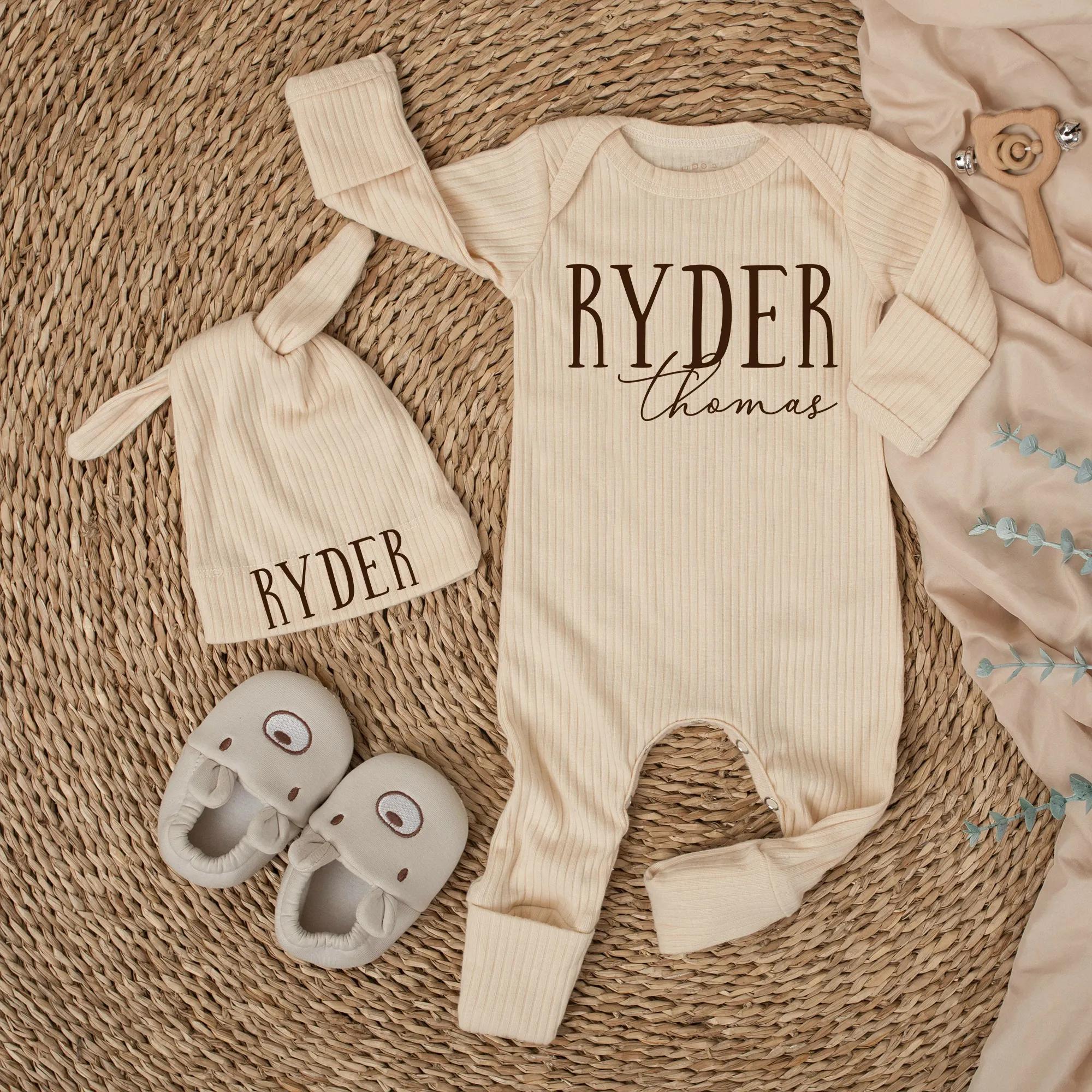 Personalized Baby Boy Coming Home Outfit with Earthy Tones Custom Name Design Matching Hat Soft Cotton Newborn Gift for Hospital Arrival