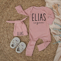 Custom Baby Boy Coming Home Outfit with Name, Soft Cotton Ribbed Bodysuit and Hat Set for Newborn Announcement or Milestone Photos
