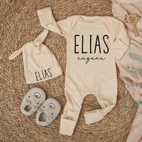 Custom Baby Boy Coming Home Outfit with Name, Soft Cotton Ribbed Bodysuit and Hat Set for Newborn Announcement or Milestone Photos