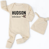 Personalized Baby Boy Coming Home Outfit with Mallard Duck Artwork, Custom Name Bodysuit and Hat Set, Soft Cotton Newborn Gift