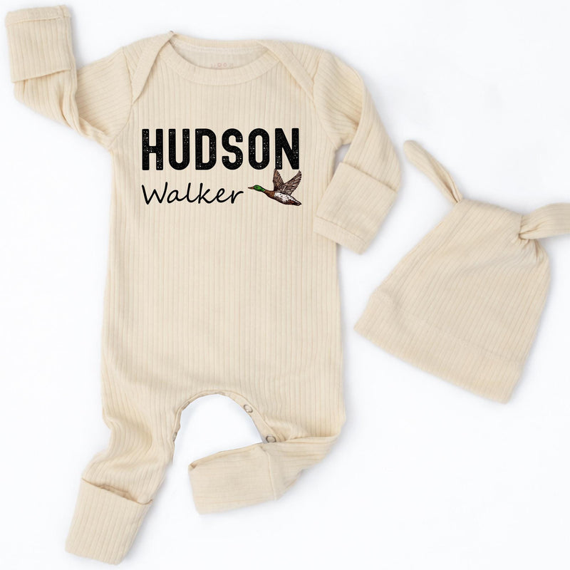 Personalized Baby Boy Coming Home Outfit with Mallard Duck Artwork, Custom Name Bodysuit and Hat Set, Soft Cotton Newborn Gift