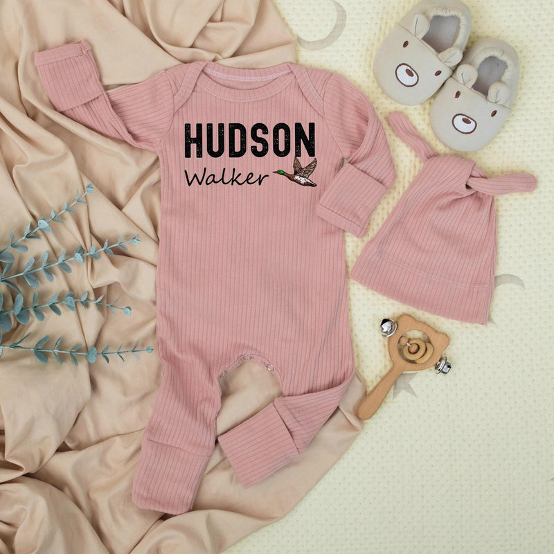 Personalized Baby Boy Coming Home Outfit with Mallard Duck Artwork, Custom Name Bodysuit and Hat Set, Soft Cotton Newborn Gift