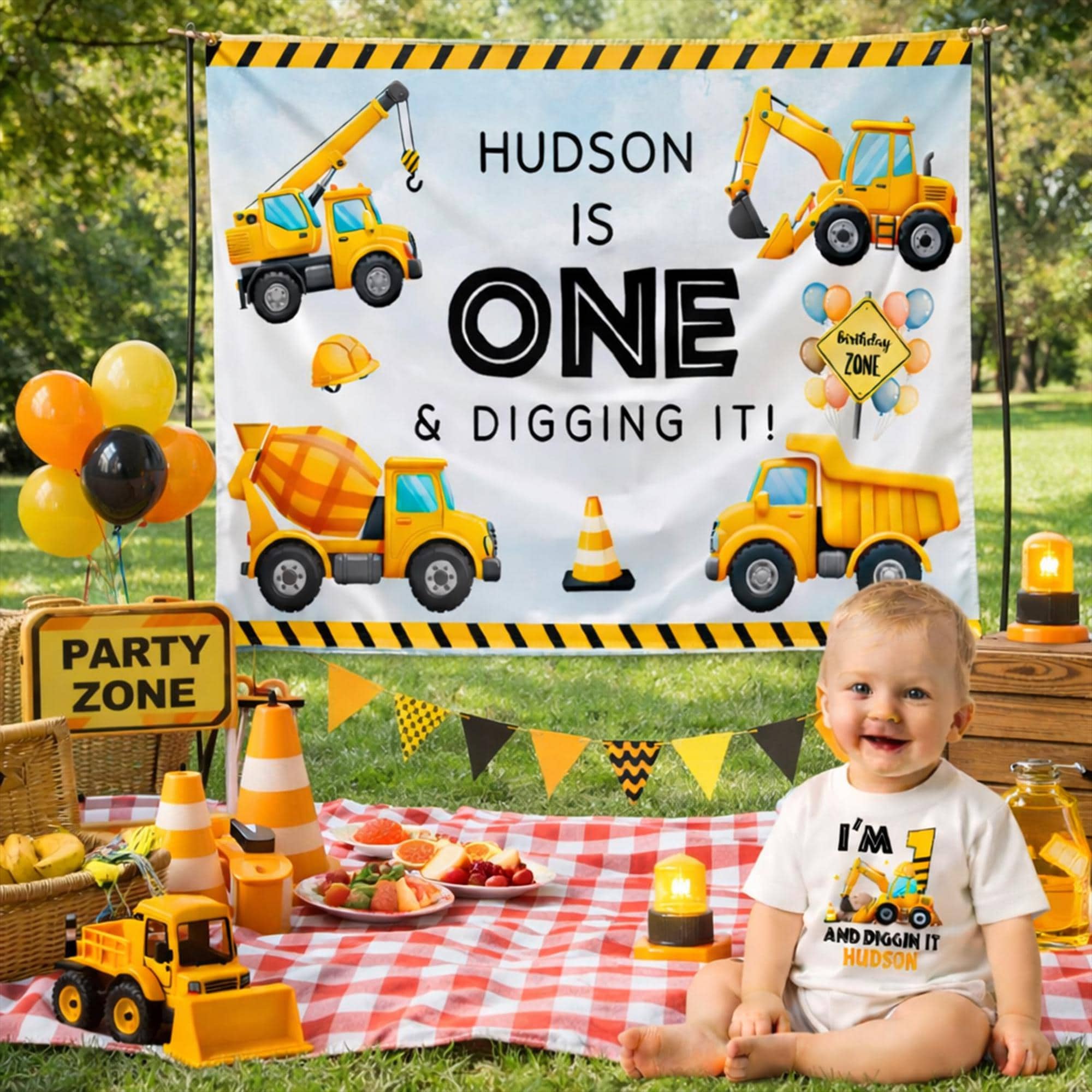 Personalized Baby Boy Construction 1st Birthday Outfit with Hudson Name Bubble Romper and Silk Banner Cute Excavator Design Party Set