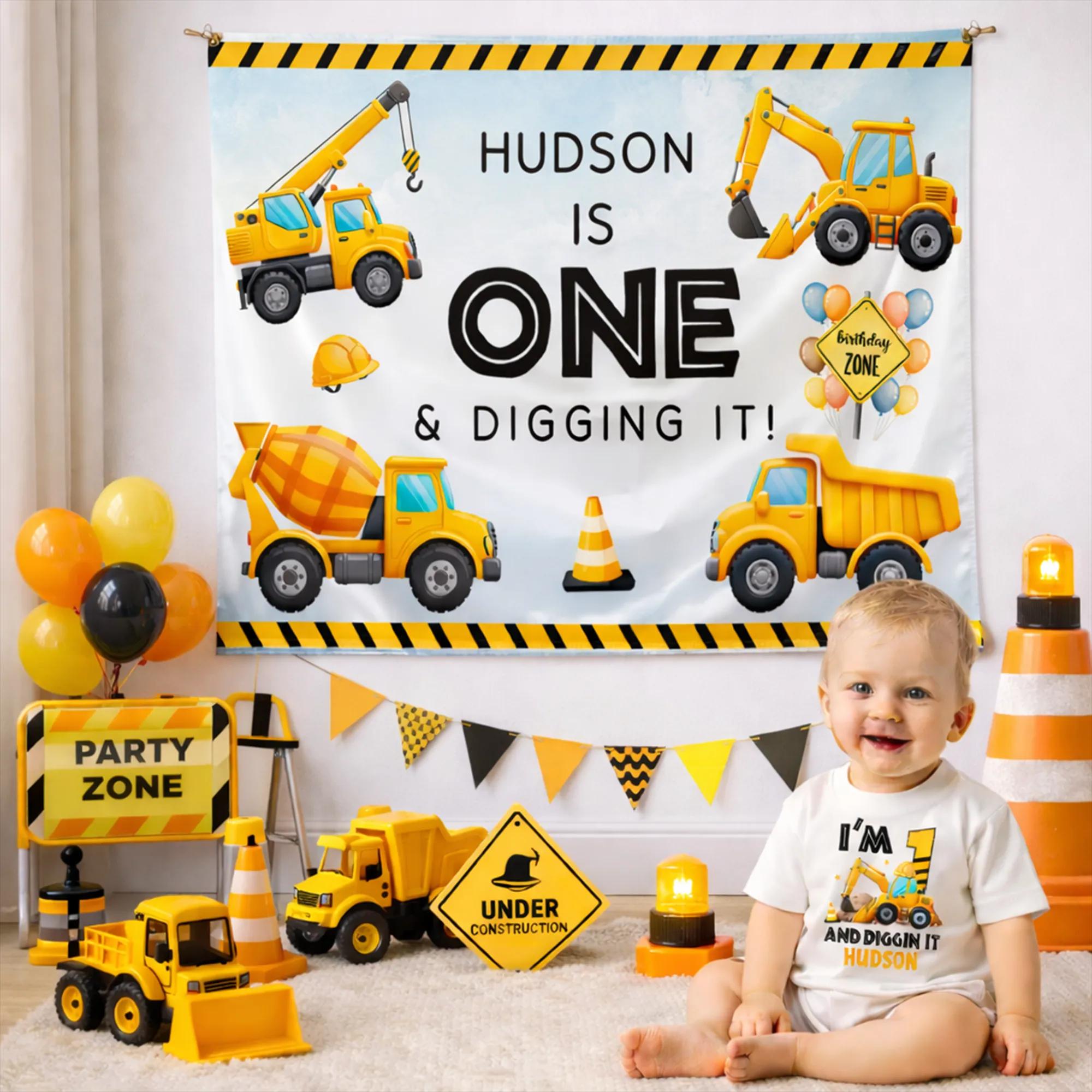 Personalized Baby Boy Construction 1st Birthday Outfit with Hudson Name Bubble Romper and Silk Banner Cute Excavator Design Party Set