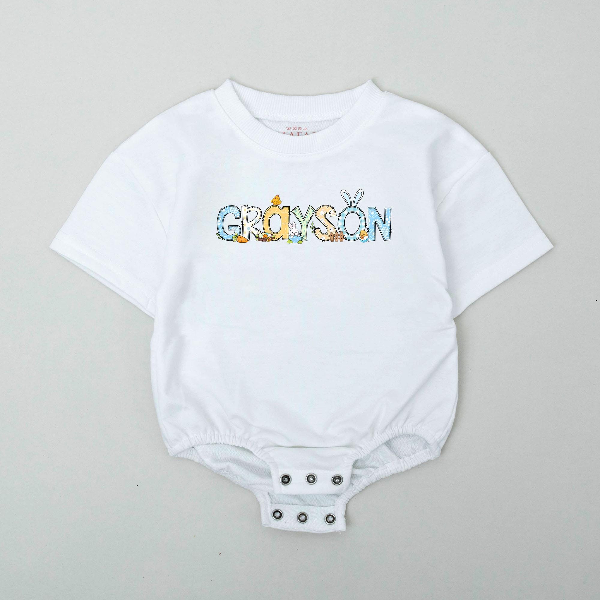 Personalized Baby Boy Easter Romper with Bunny Ears Soft Cotton First Easter Outfit Custom Name Gift Festive Gingham Pattern