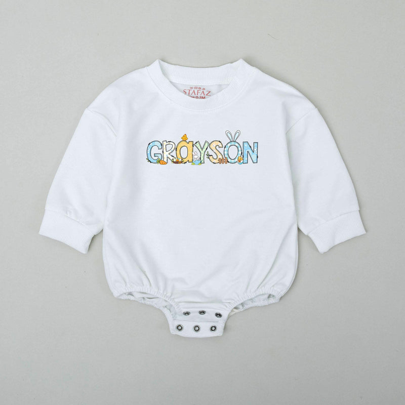 Personalized Baby Boy Easter Romper with Bunny Ears Soft Cotton First Easter Outfit Custom Name Gift Festive Gingham Pattern