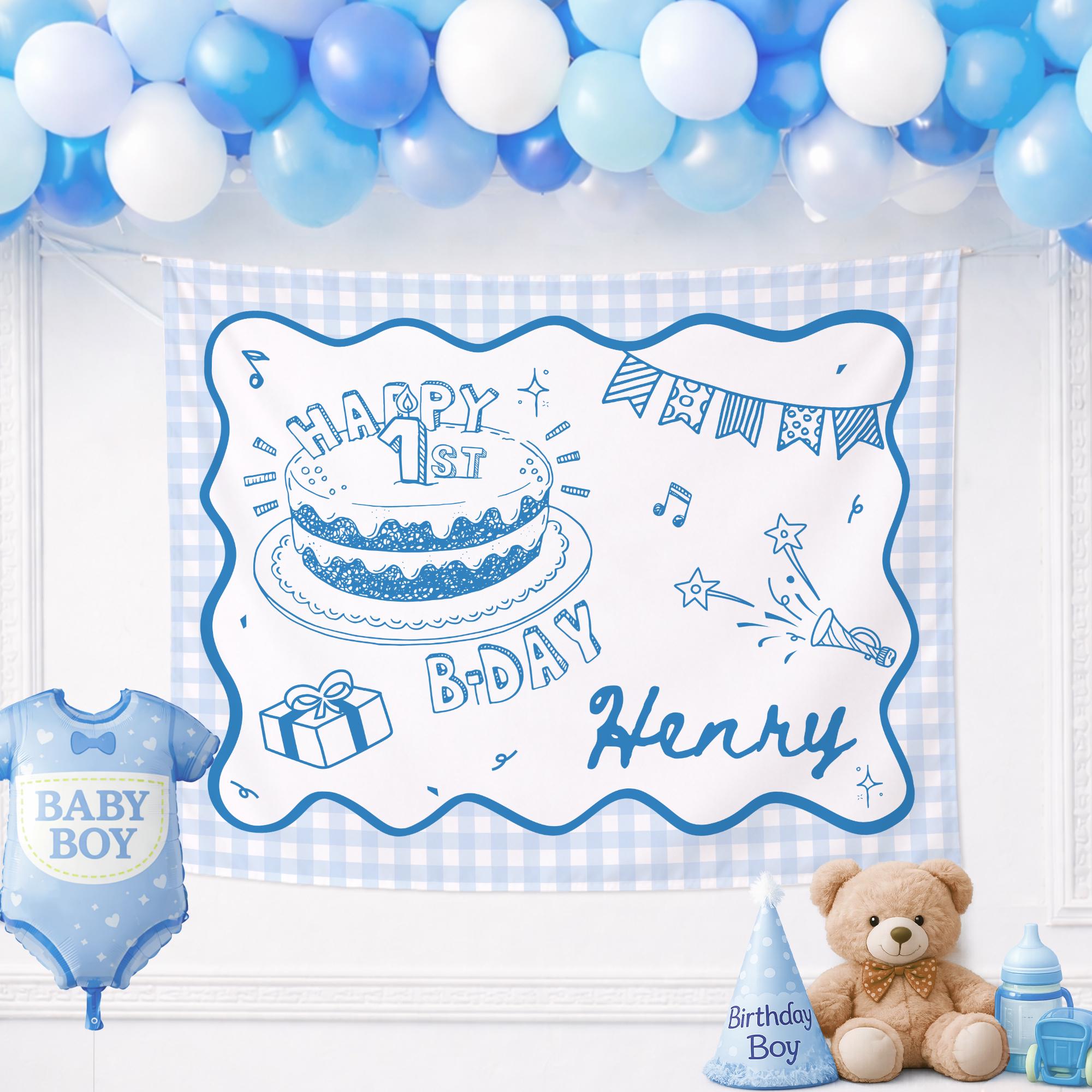 Personalized Baby Boy First Birthday Banner with Blue Stars and Hearts Custom Name Party Backdrop Sweet Minimalist Decoration