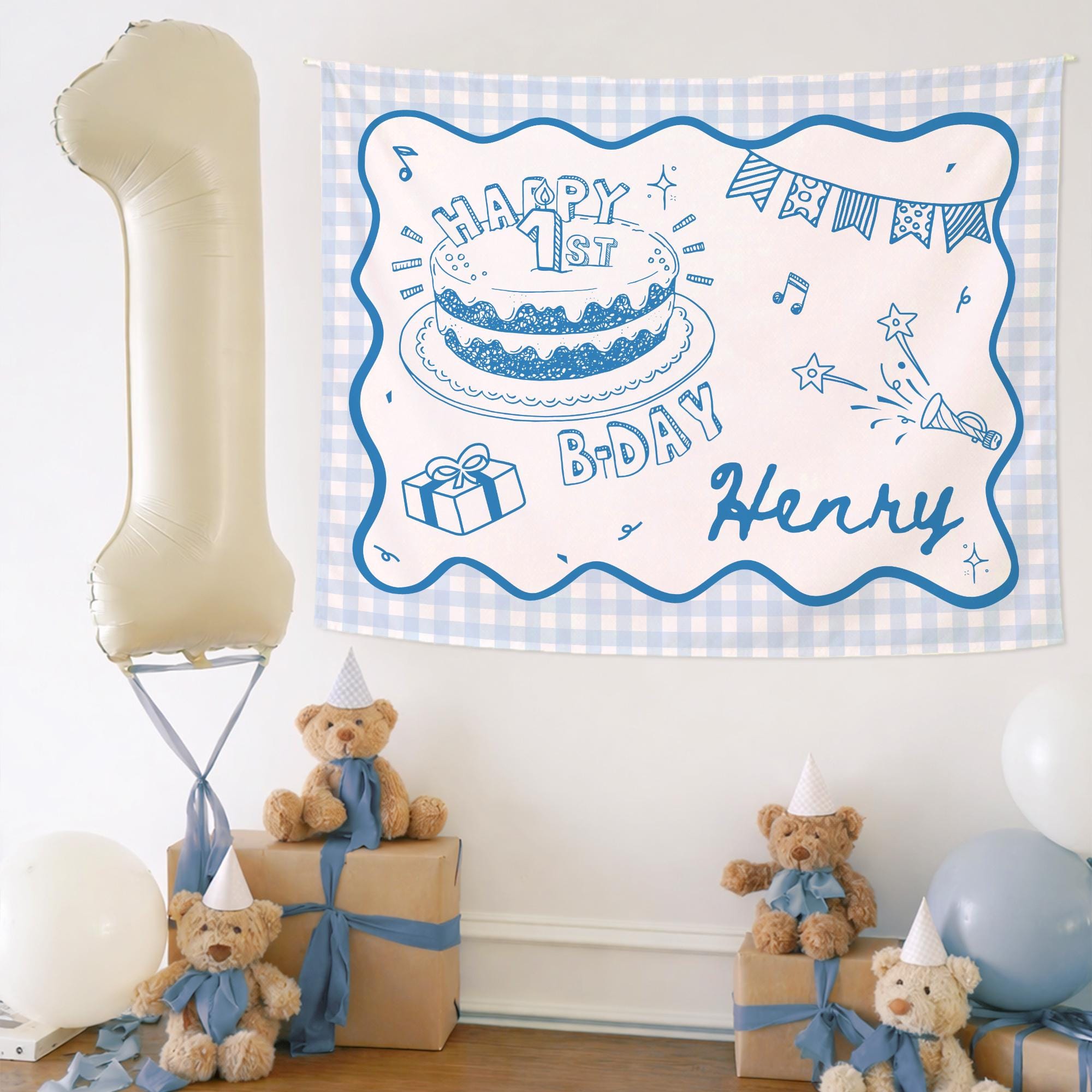 Personalized Baby Boy First Birthday Banner with Blue Stars and Hearts Custom Name Party Backdrop Sweet Minimalist Decoration