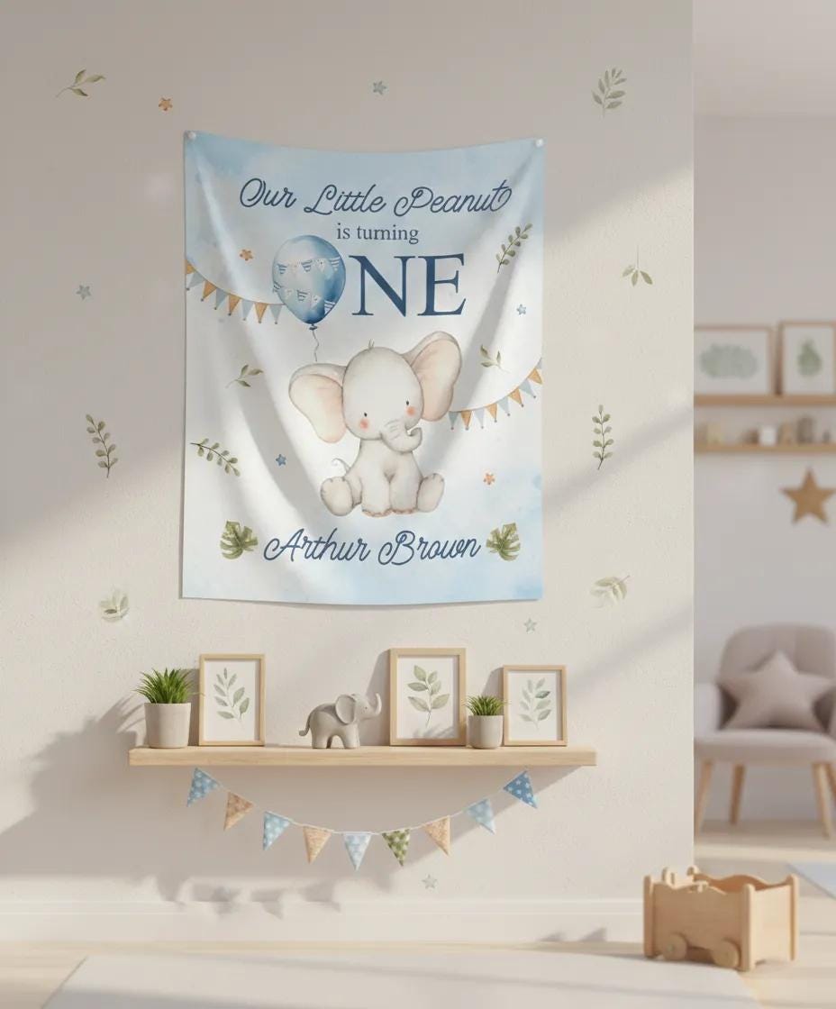 Personalized Baby Boy First Birthday Banner with Elephant and Blue Balloon, Our Little Peanut Party Backdrop, Custom Nursery Decor Keepsake