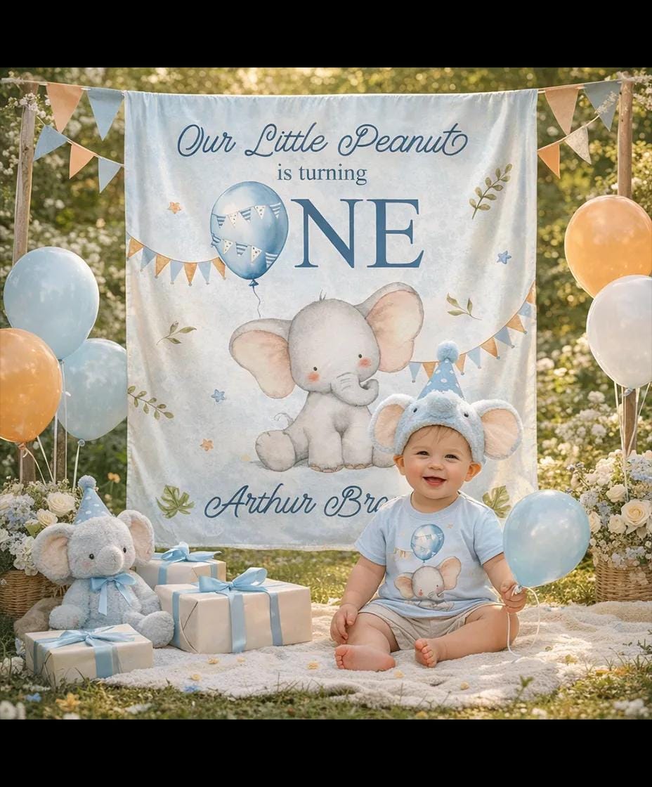 Personalized Baby Boy First Birthday Banner with Elephant and Blue Balloon, Our Little Peanut Party Backdrop, Custom Nursery Decor Keepsake