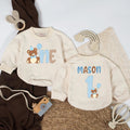 Personalized Baby Boy First Birthday Romper with Bear Party Hat Custom Outfit Light Blue Balloon Design Sweet Gift for 1st Celebration