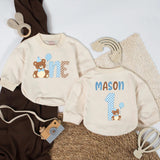 Personalized Baby Boy First Birthday Romper with Bear Party Hat Custom Outfit Light Blue Balloon Design Sweet Gift for 1st Celebration