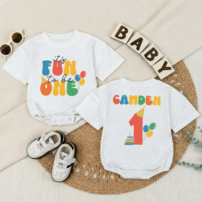Personalized Baby Boy First Birthday Romper, It's Fun to Be One Outfit with Name, Party Hat and Balloons Design, Cake Smash Celebration Wear