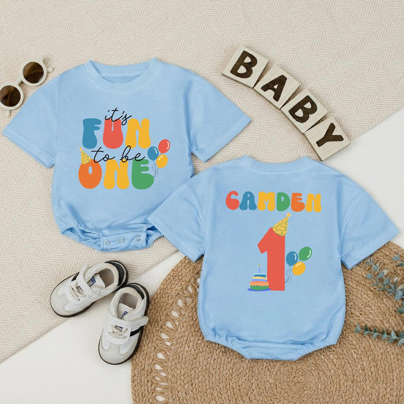 Personalized Baby Boy First Birthday Romper, It's Fun to Be One Outfit with Name, Party Hat and Balloons Design, Cake Smash Celebration Wear