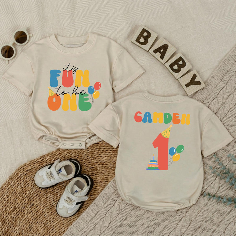 Personalized Baby Boy First Birthday Romper, It's Fun to Be One Outfit with Name, Party Hat and Balloons Design, Cake Smash Celebration Wear