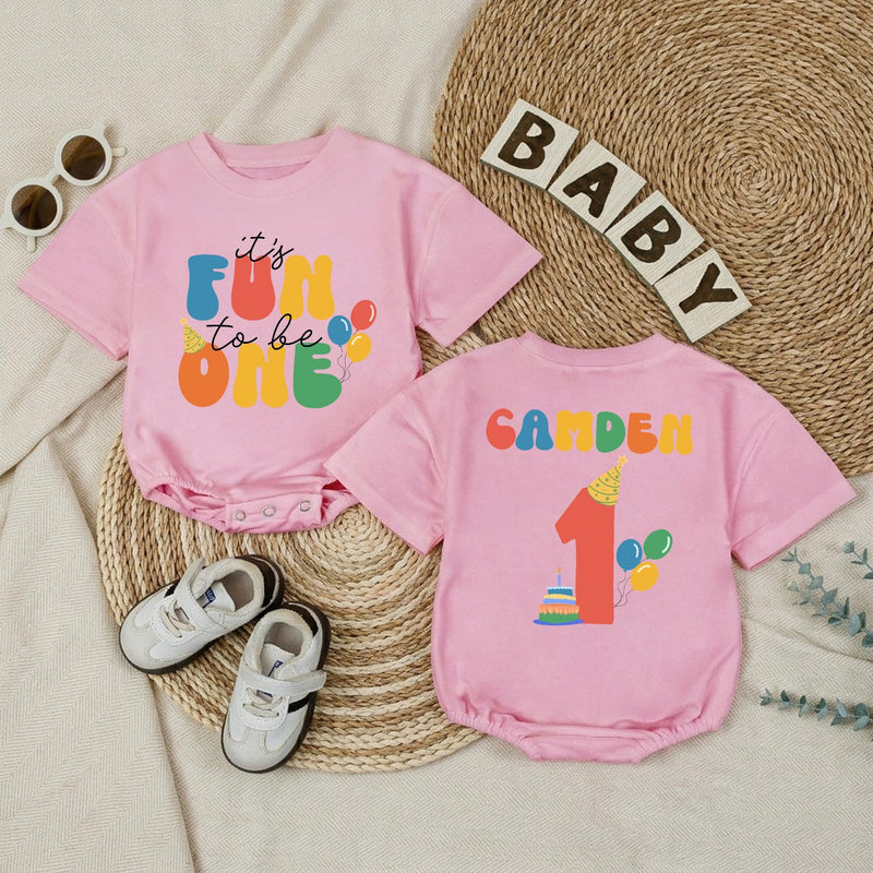 Personalized Baby Boy First Birthday Romper, It's Fun to Be One Outfit with Name, Party Hat and Balloons Design, Cake Smash Celebration Wear