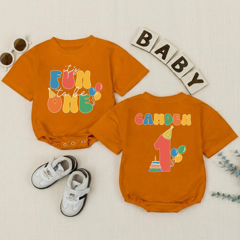 Personalized Baby Boy First Birthday Romper, It's Fun to Be One Outfit with Name, Party Hat and Balloons Design, Cake Smash Celebration Wear